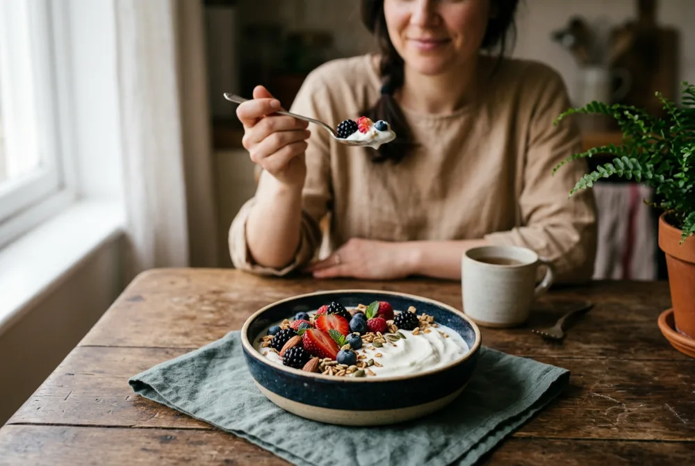 Cuenco de yogur natural con fruta