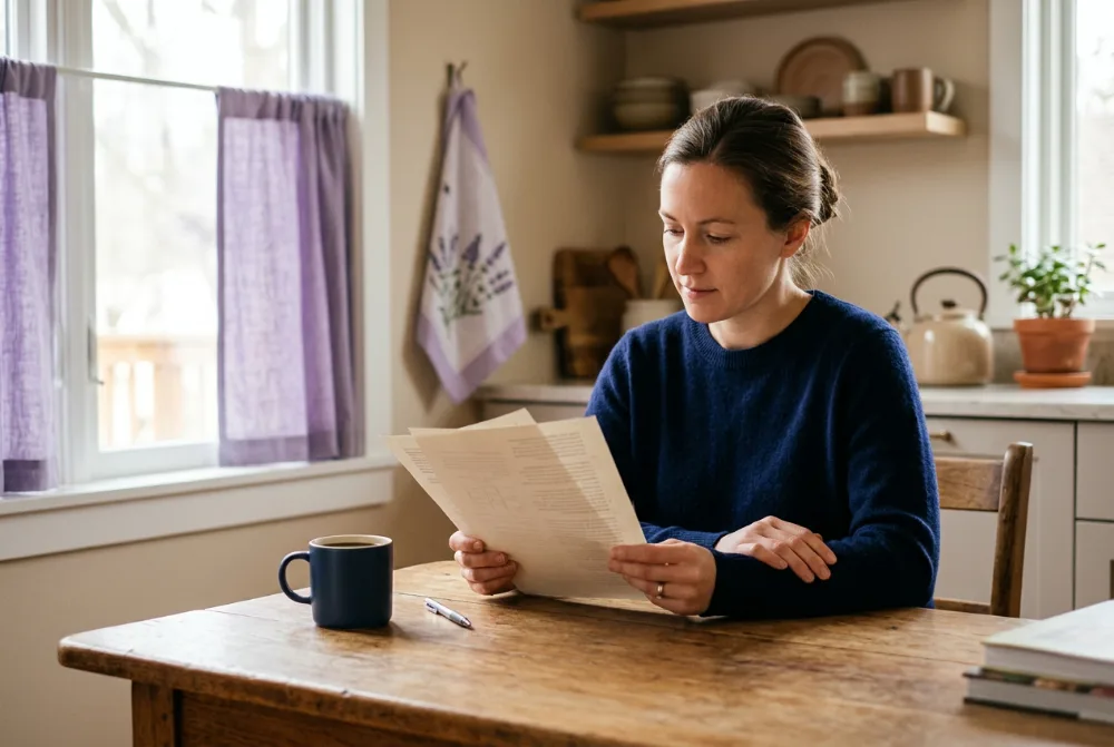 Persona leyendo un documento con un café en la cocina