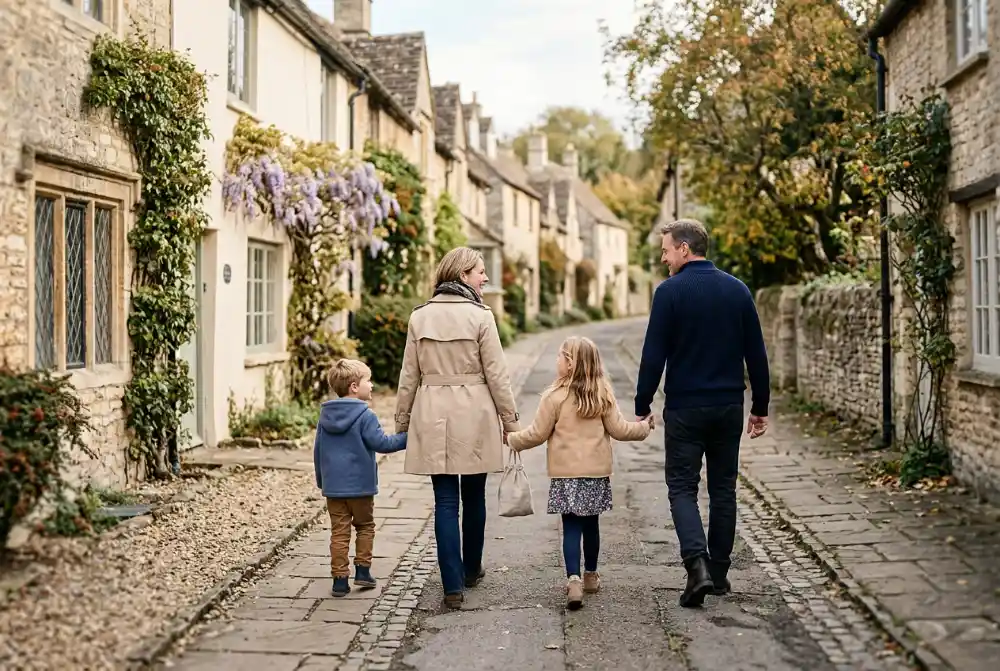 Familia paseando por la calle de un pueblo