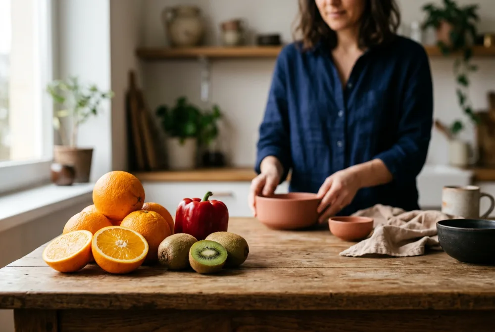 Naranjas, kiwis y pimientos rojos sobre la mesa