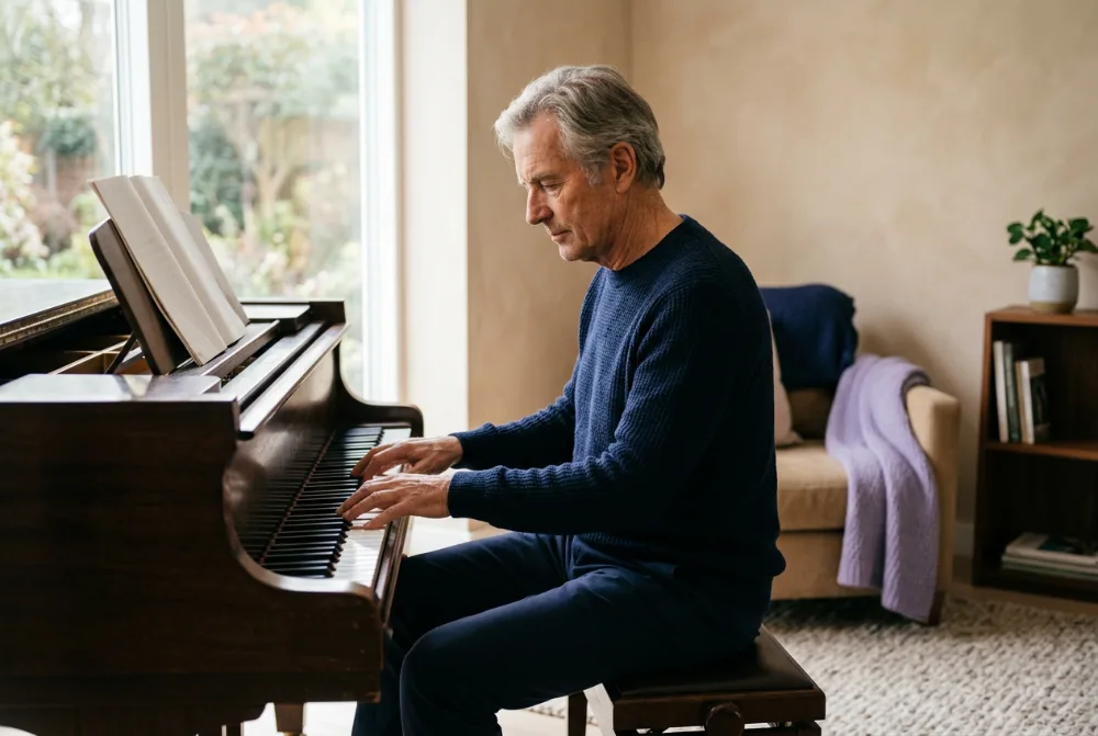 Hombre de unos 60 años tocando el piano en casa
