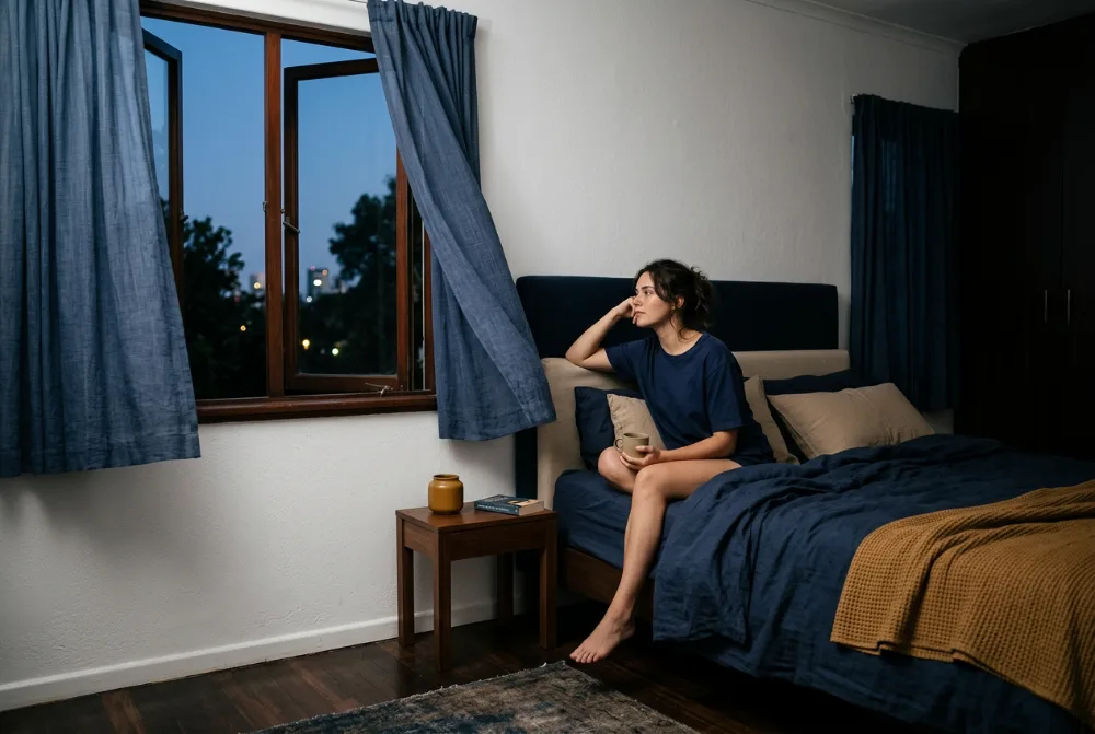 Dormitorio fresco con la ventana abierta por la noche
