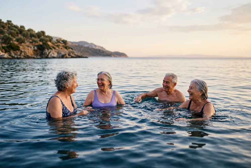 Amigos de unos 70 años nadando en el mar