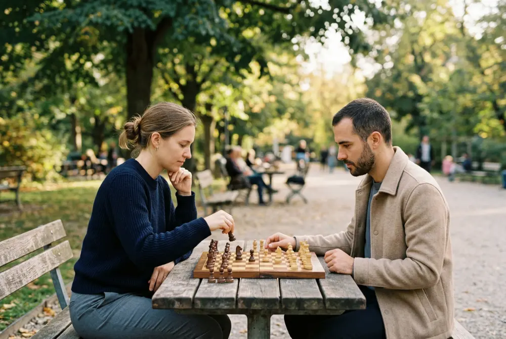 Dos amigos jugando al ajedrez en un parque