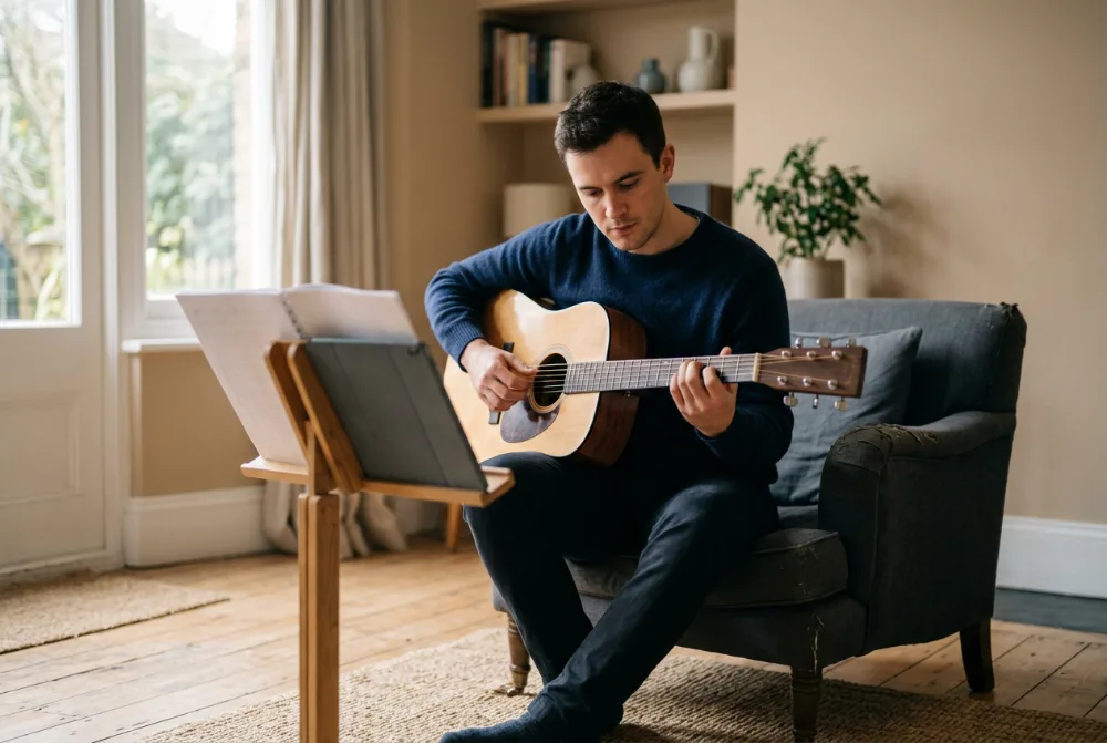 Hombre aprendiendo a tocar la guitarra en casa