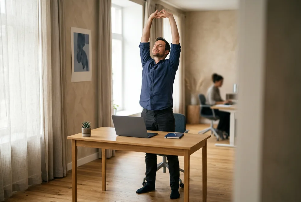Hombre levantándose de la mesa y estirando los brazos