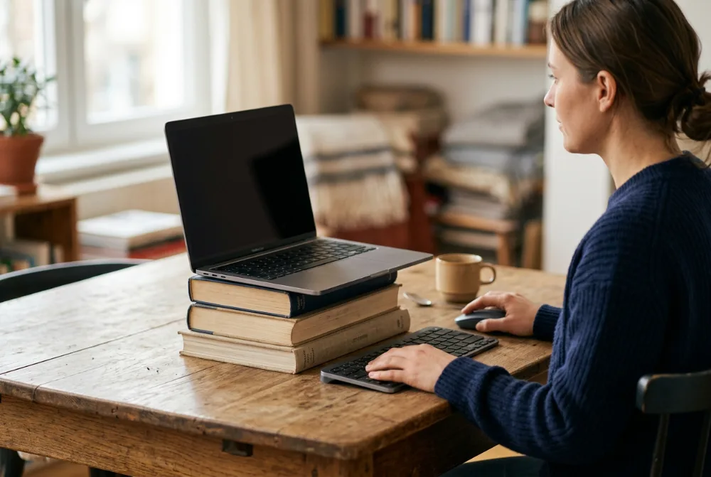 Portátil elevado sobre libros a la altura de los ojos