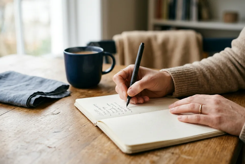 Manos escribiendo una lista breve en un cuaderno
