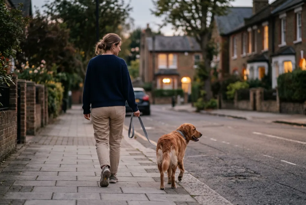 Mujer paseando al perro al anochecer