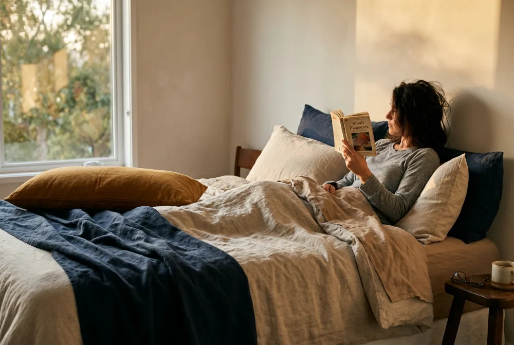 Cama hecha con sábanas de lino y luz de tarde