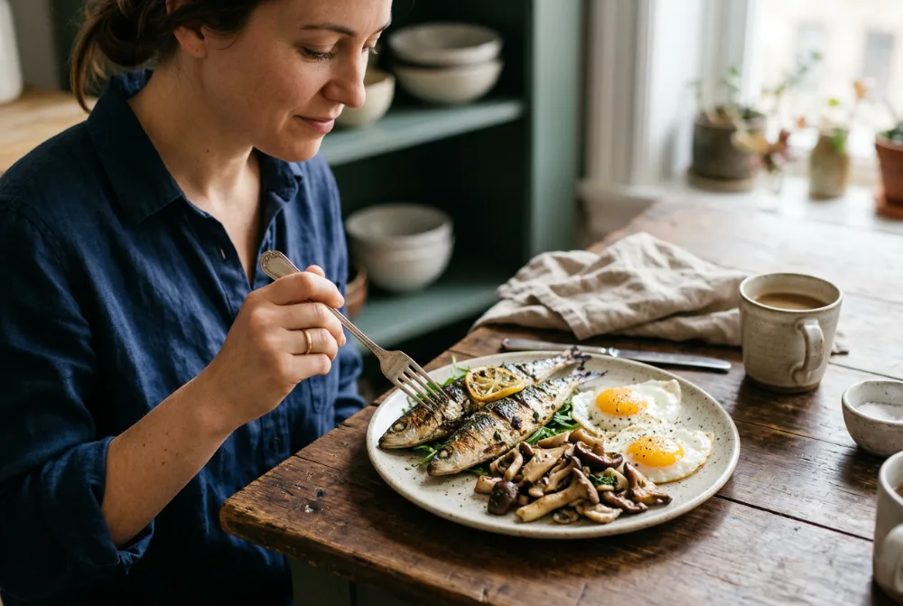 Plato con sardinas, huevos y champiñones