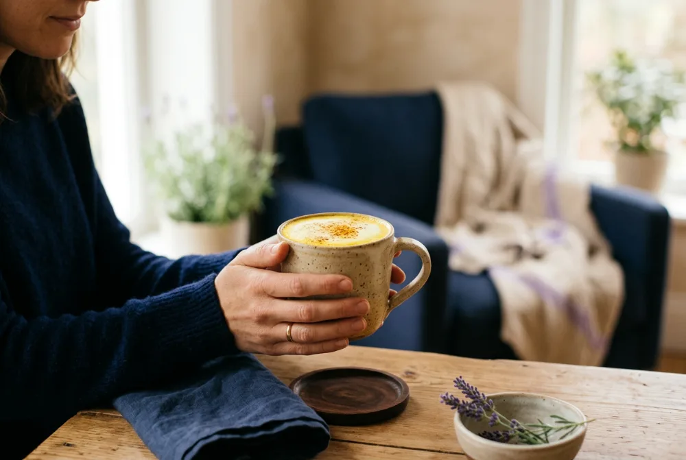 Leche dorada de cúrcuma en una taza de cerámica