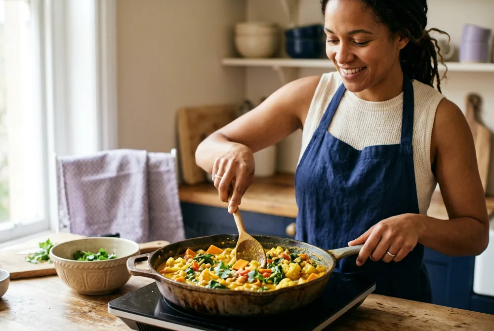 Curry de verduras con cúrcuma en la sartén