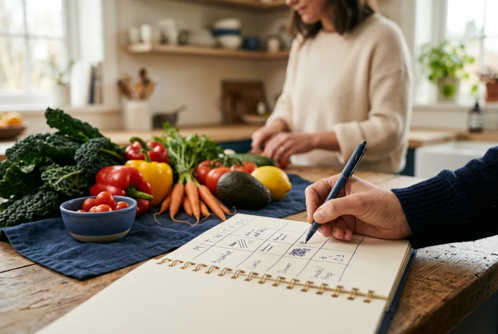 Cuaderno con planificación semanal junto a verduras frescas
