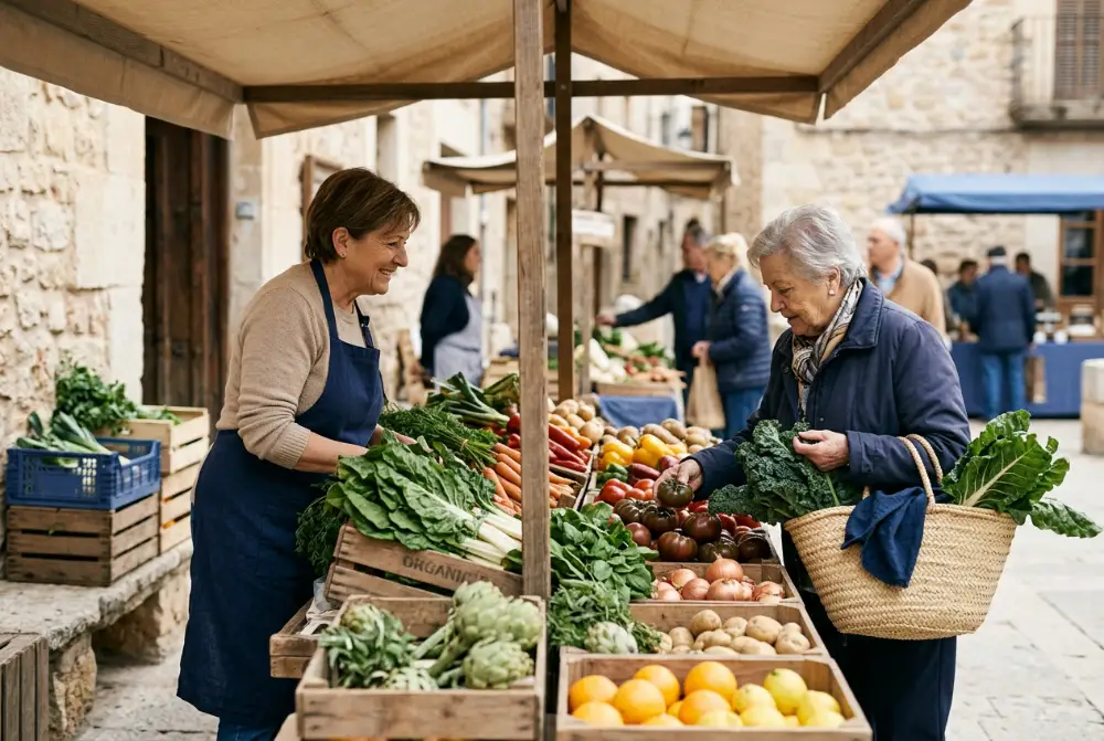 Puesto de verduras de temporada en un mercado