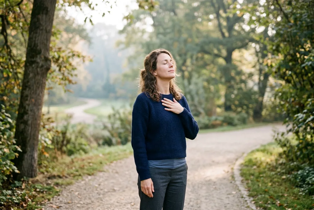 Mujer respirando hondo en un parque por la mañana