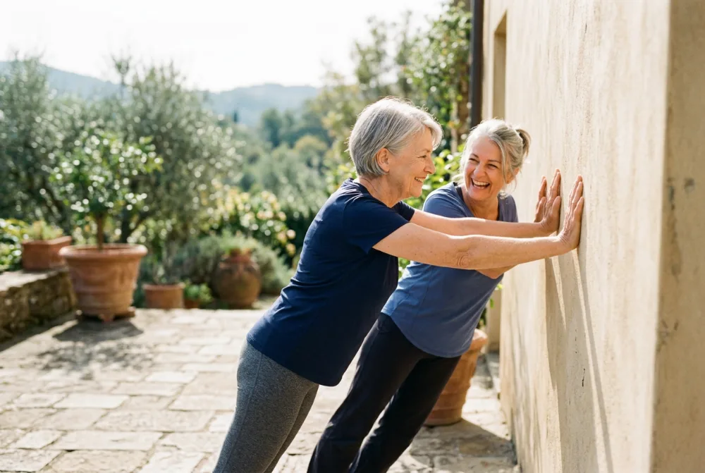 Dos amigos de unos 60 años haciendo flexiones contra la pared