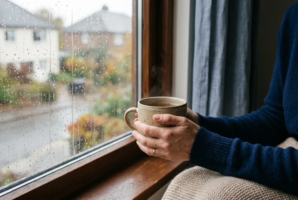 Manos sujetando una taza caliente junto a una ventana con lluvia