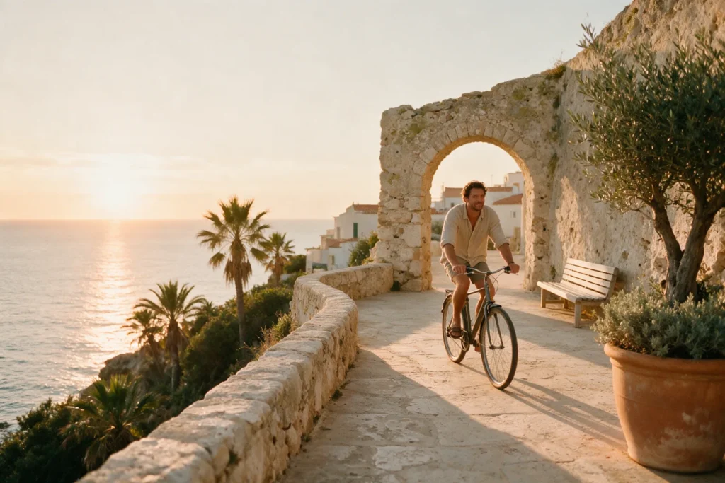 Un hombre pasea en bicicleta por un paseo junto al mar al amanecer