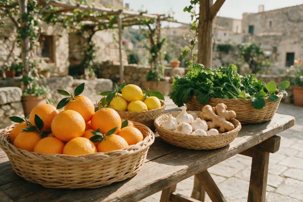 Cestas con naranjas, limones, ajos, jengibre y verduras sobre una mesa de madera