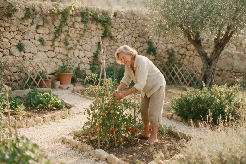 Una mujer mayor cuida las tomateras de su huerto