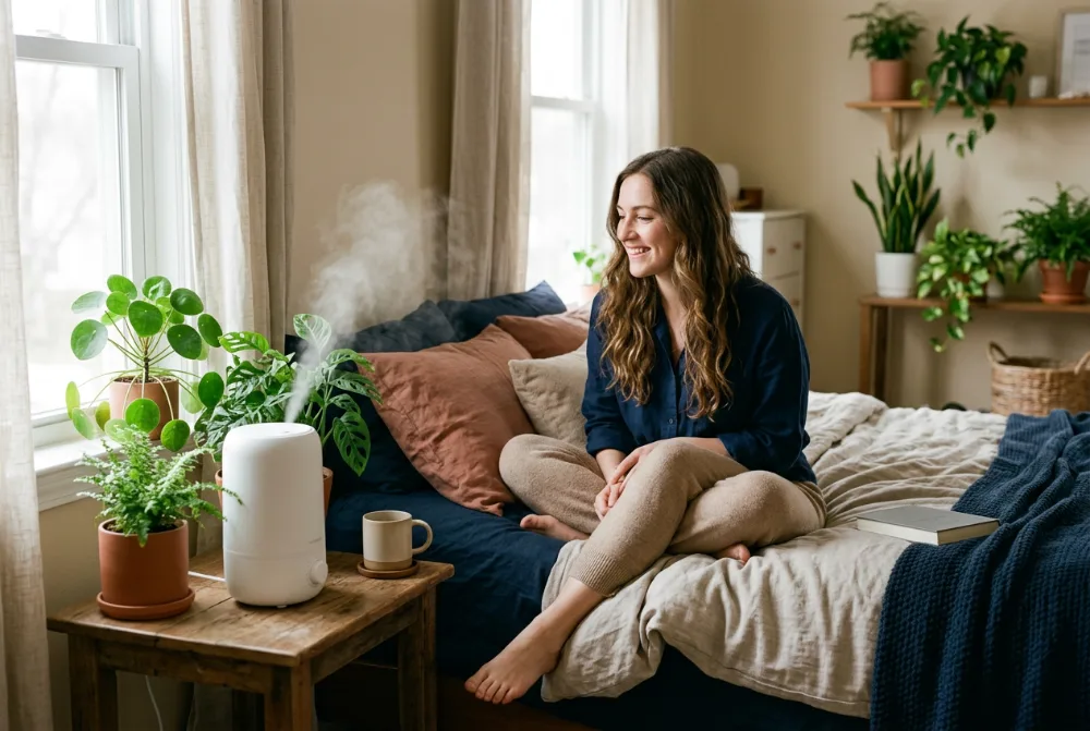 Humidificador y plantas en un dormitorio