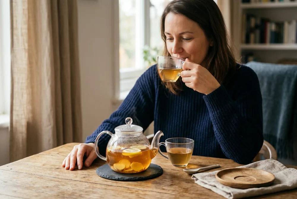 Tetera de cristal con infusión de jengibre y limón