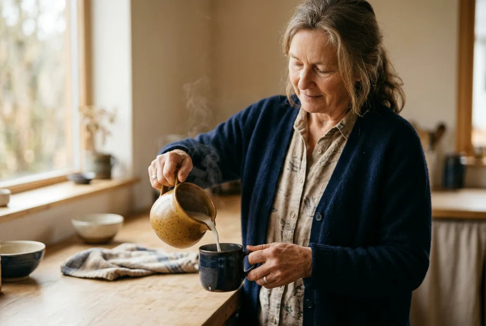 Mujer mayor sirviendo leche caliente en una taza
