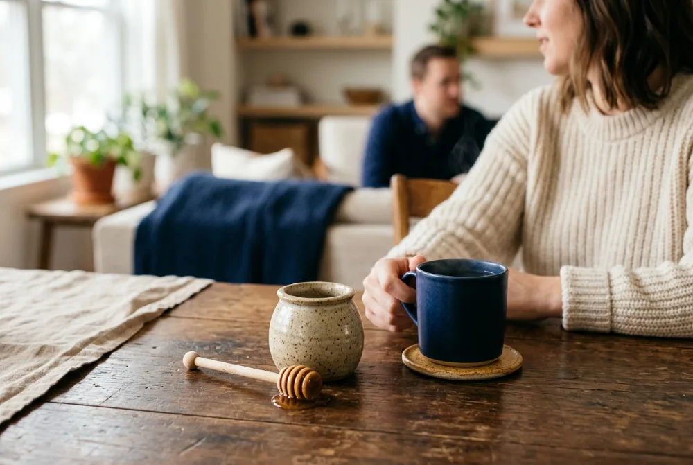Tarro de miel junto a una taza