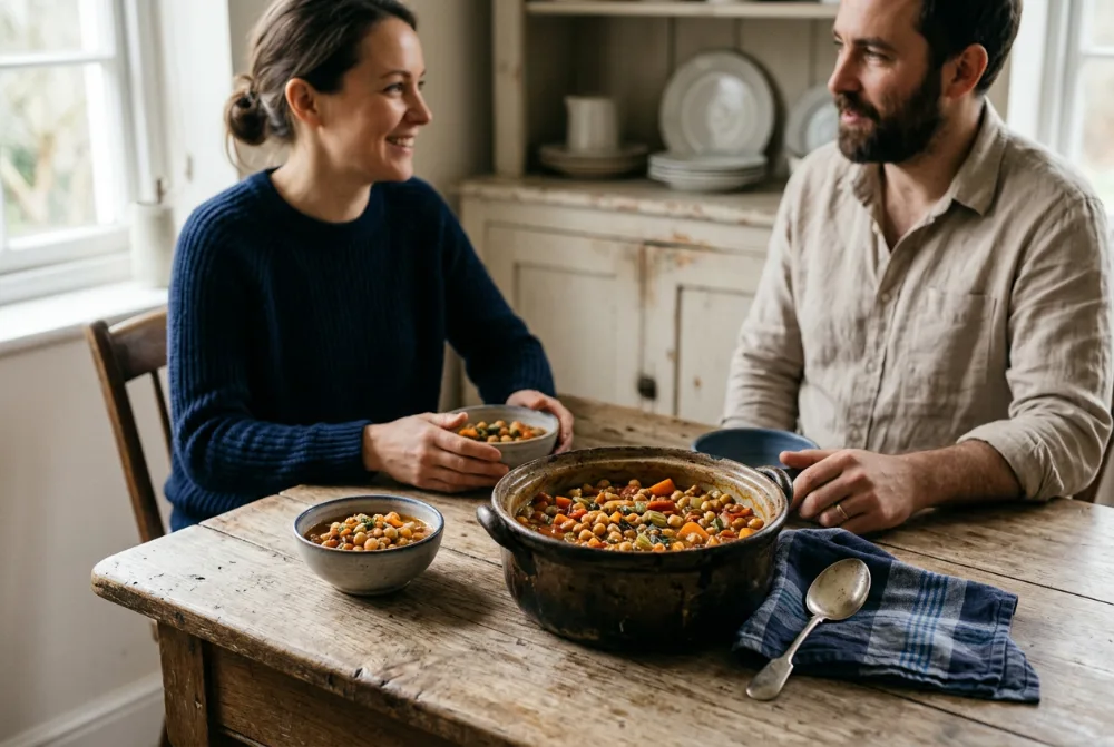 Olla de potaje de garbanzos sobre la mesa