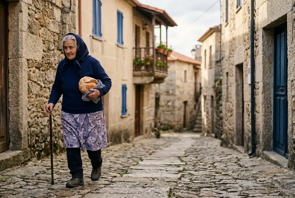 Mujer mayor caminando con una barra de pan por un pueblo gallego
