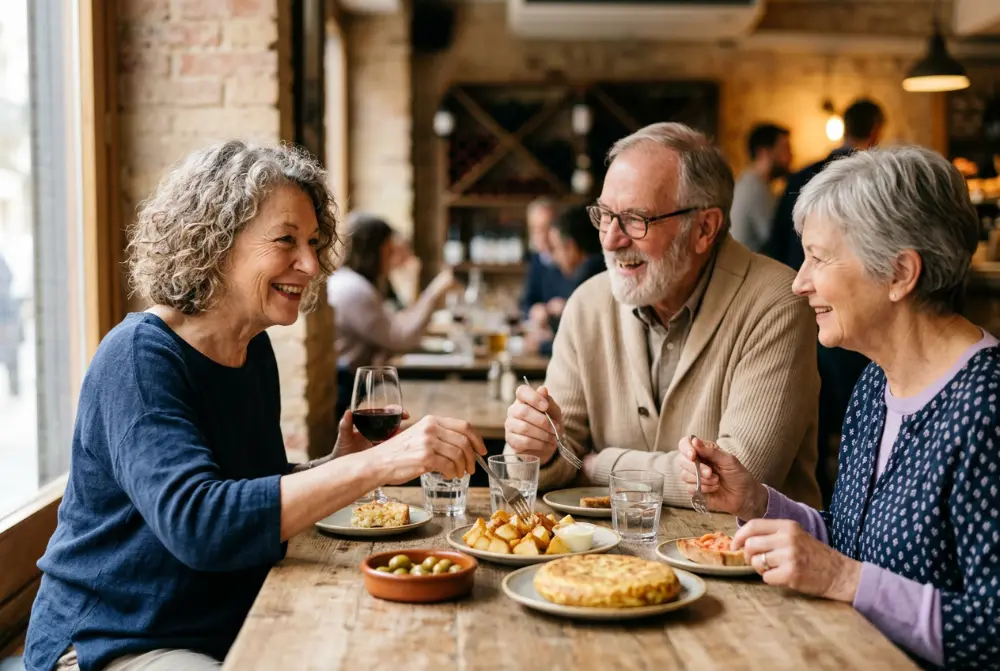 Amigos de unos 70 años compartiendo tapas