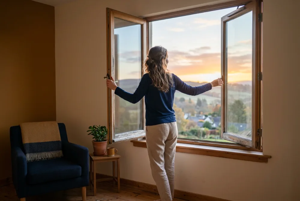 Mujer abriendo la ventana al amanecer