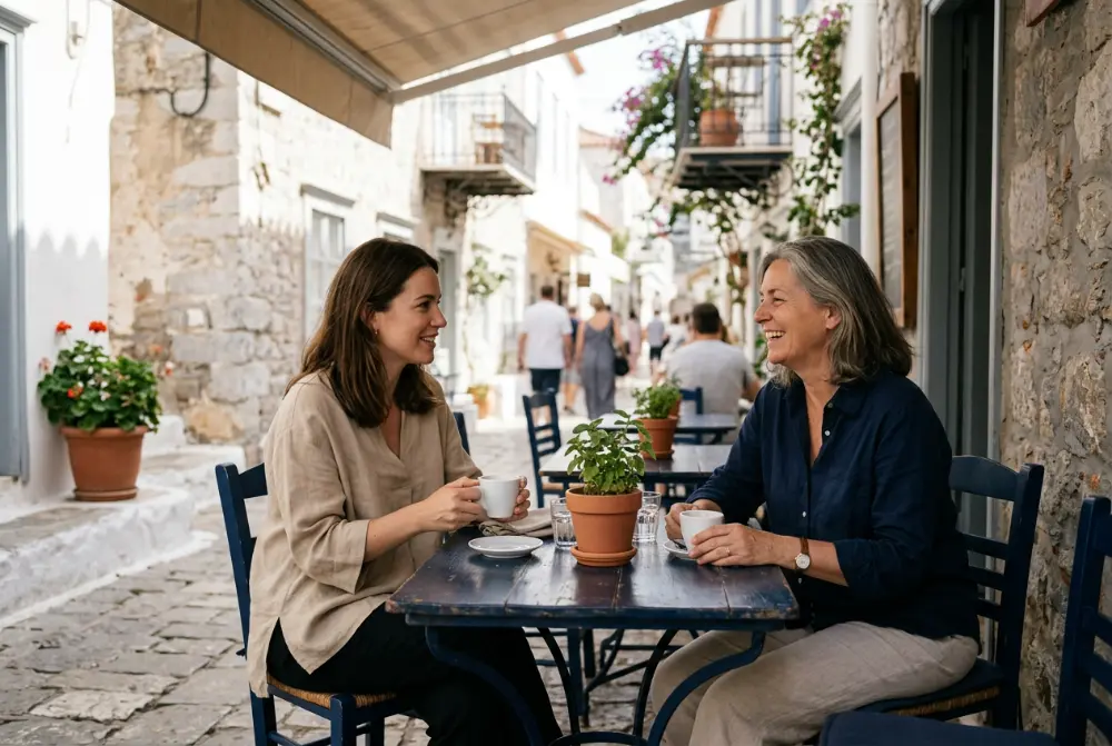 Mesa de café a la sombra en una calle mediterránea