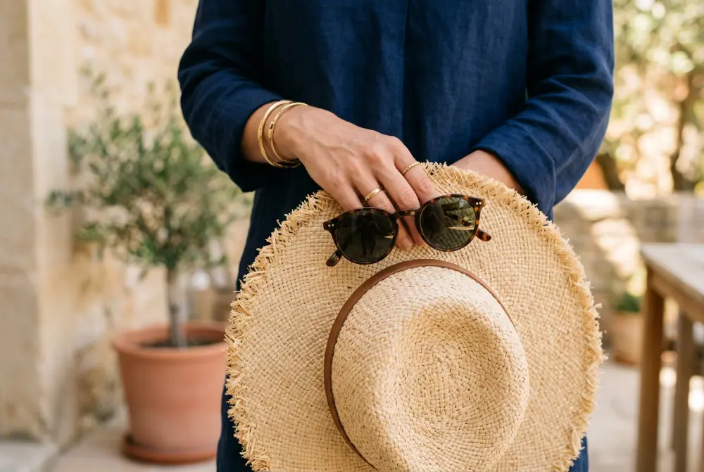 Manos sujetando un sombrero de paja y gafas de sol