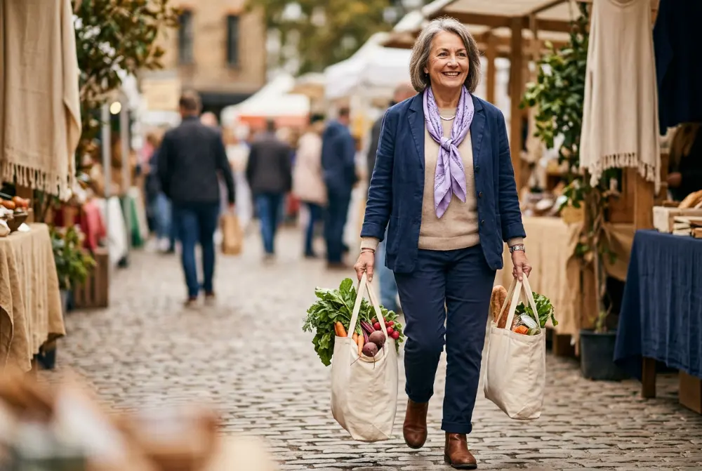 Mujer de unos 60 años cargando bolsas de la compra