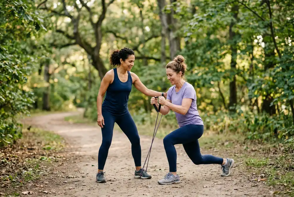 Dos mujeres entrenando juntas en un parque