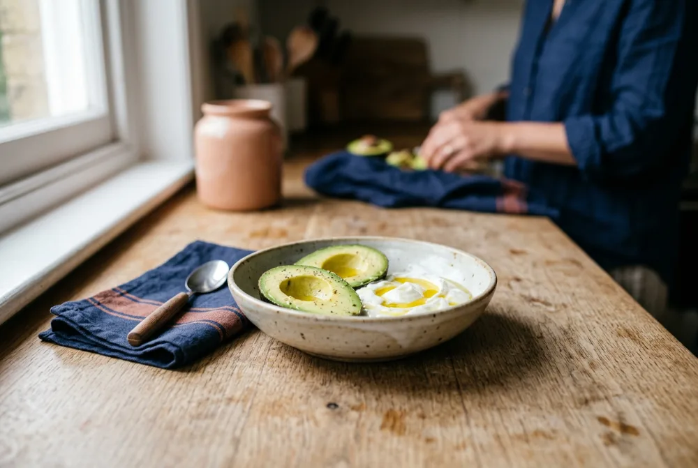 Cuenco con aguacate, aceite de oliva y yogur