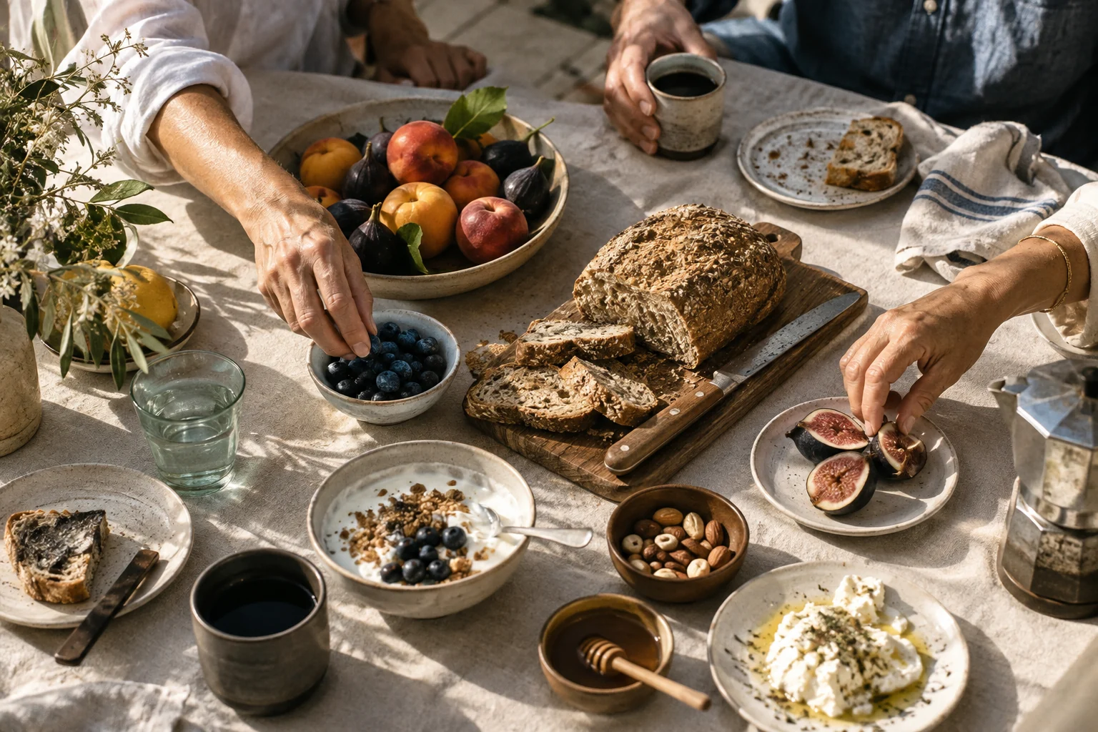 Un desayuno compartido con fruta y pan sobre una mesa de lino