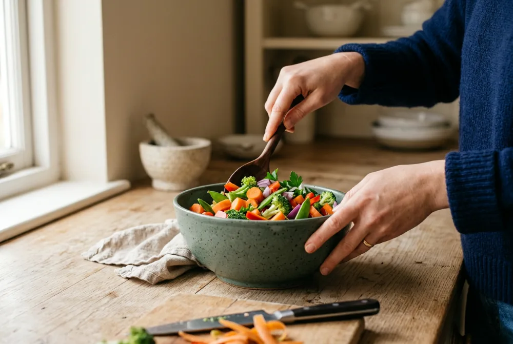 Cuenco de verduras preparándose en la cocina