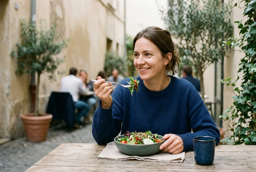 Mujer comiendo una ensalada al aire libre