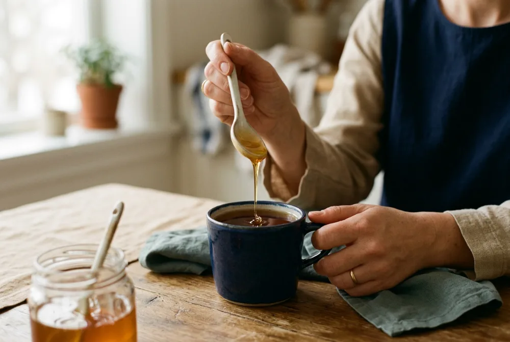 Cuchara vertiendo miel en una taza