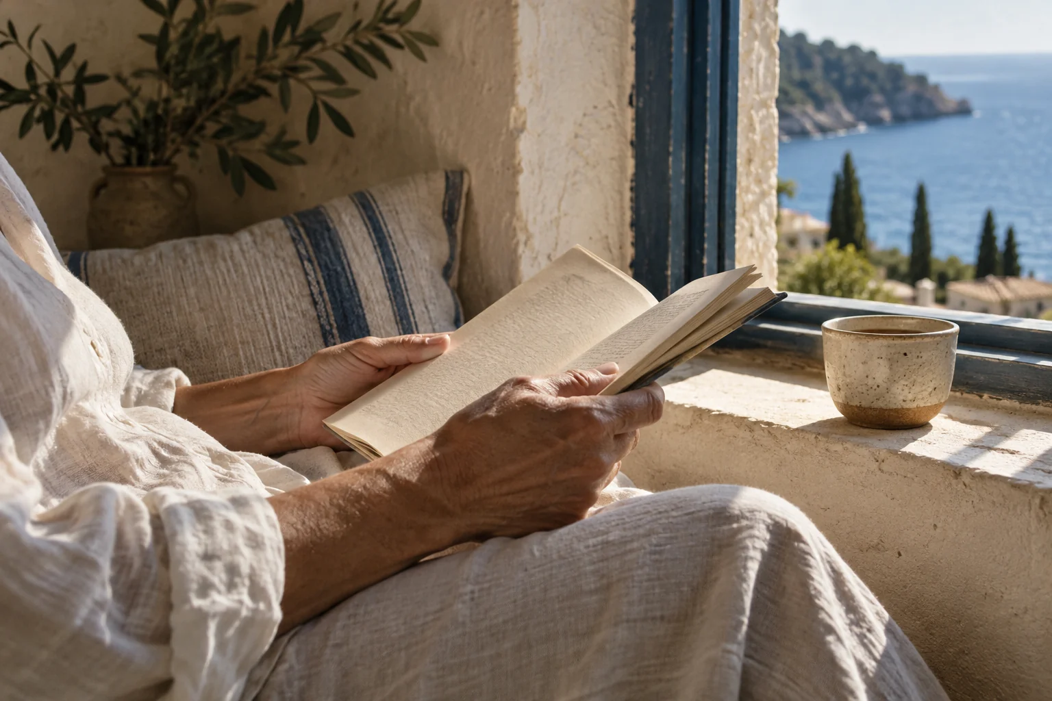 Un libro abierto y una taza de té junto a una ventana soleada