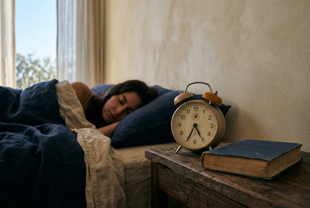 Despertador y libro en la mesilla al amanecer