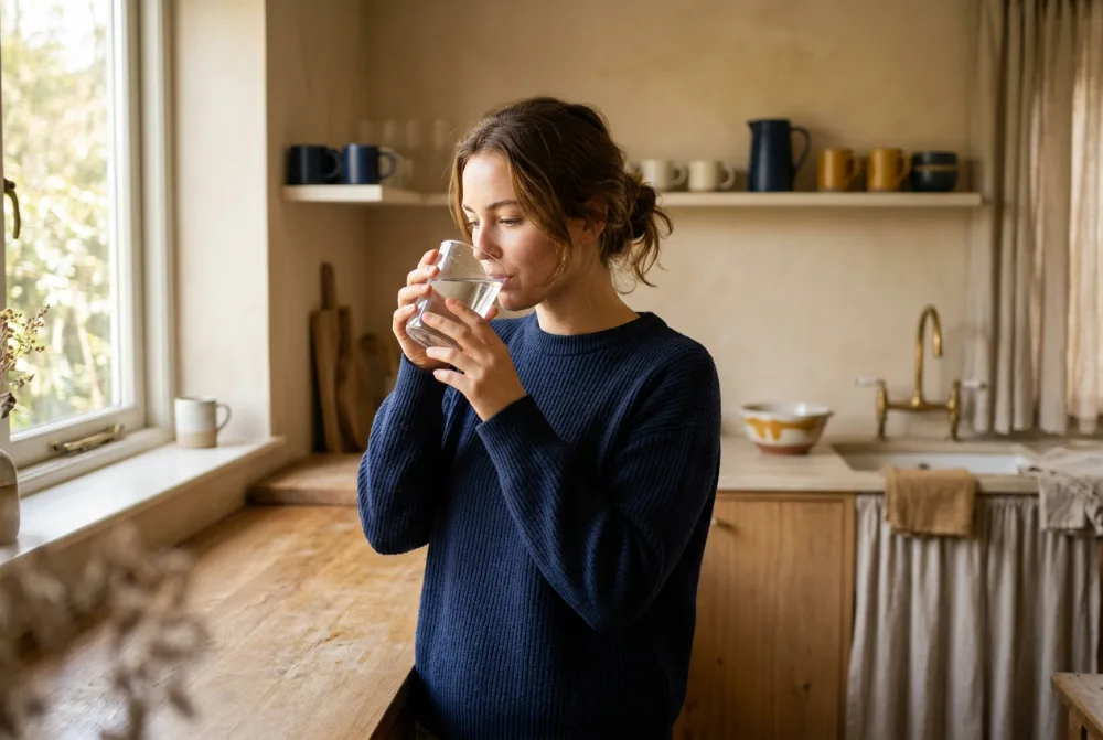 Mujer bebiendo agua en la cocina a primera hora