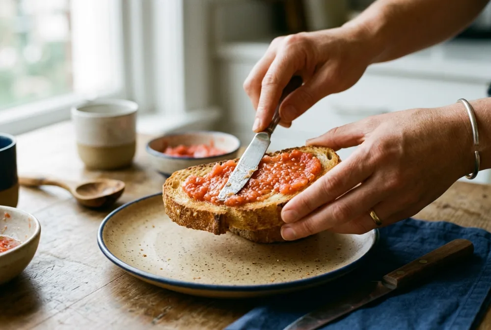 Manos untando tomate rallado en una tostada