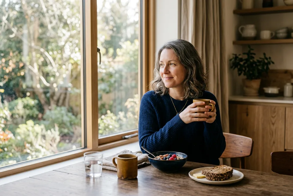Mujer desayunando con calma junto a la ventana