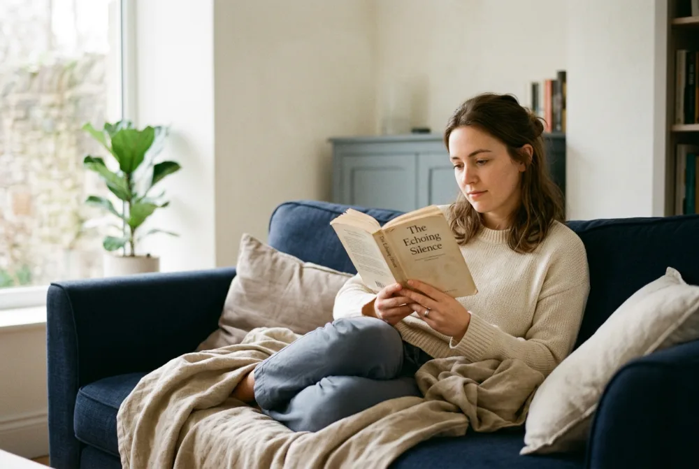 Mujer leyendo un libro de papel en el sofá