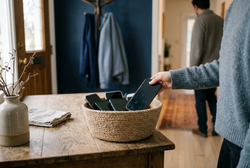 Cesta con móviles en la entrada de casa
