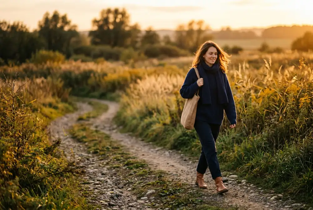 Persona caminando al aire libre al atardecer